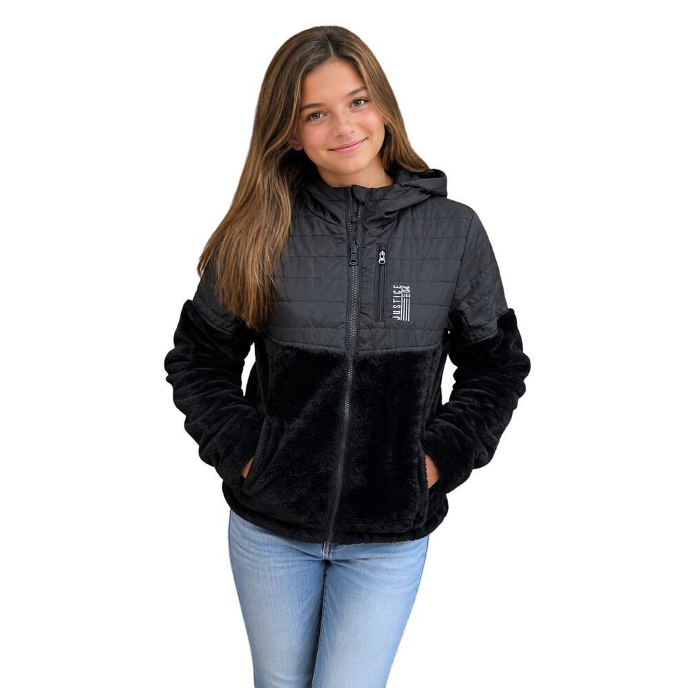 Justice L 12 / 14 black REVERSIBLE 2 in 1 jacket windbreaker sherpa nylon EUC #